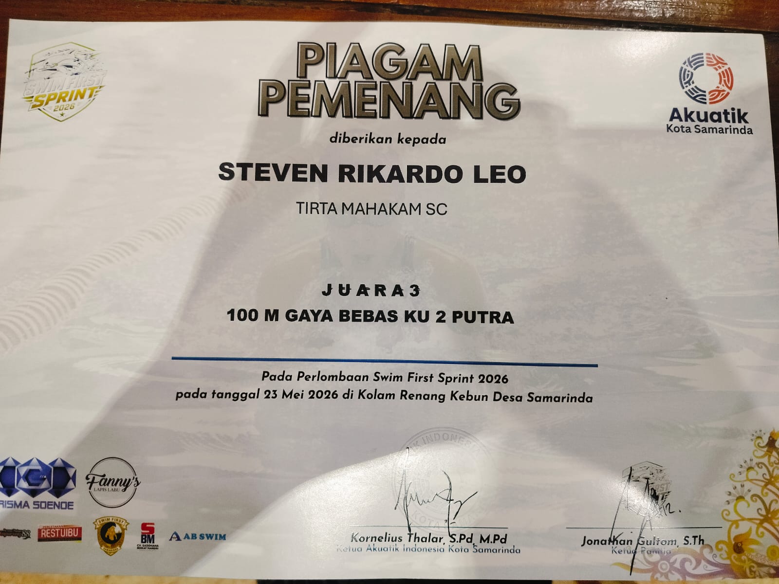 Selamat Atas Prestasi Steven Rikardo Leo Juara 3 – 100 Meter Gaya Bebas KU 2 Putra